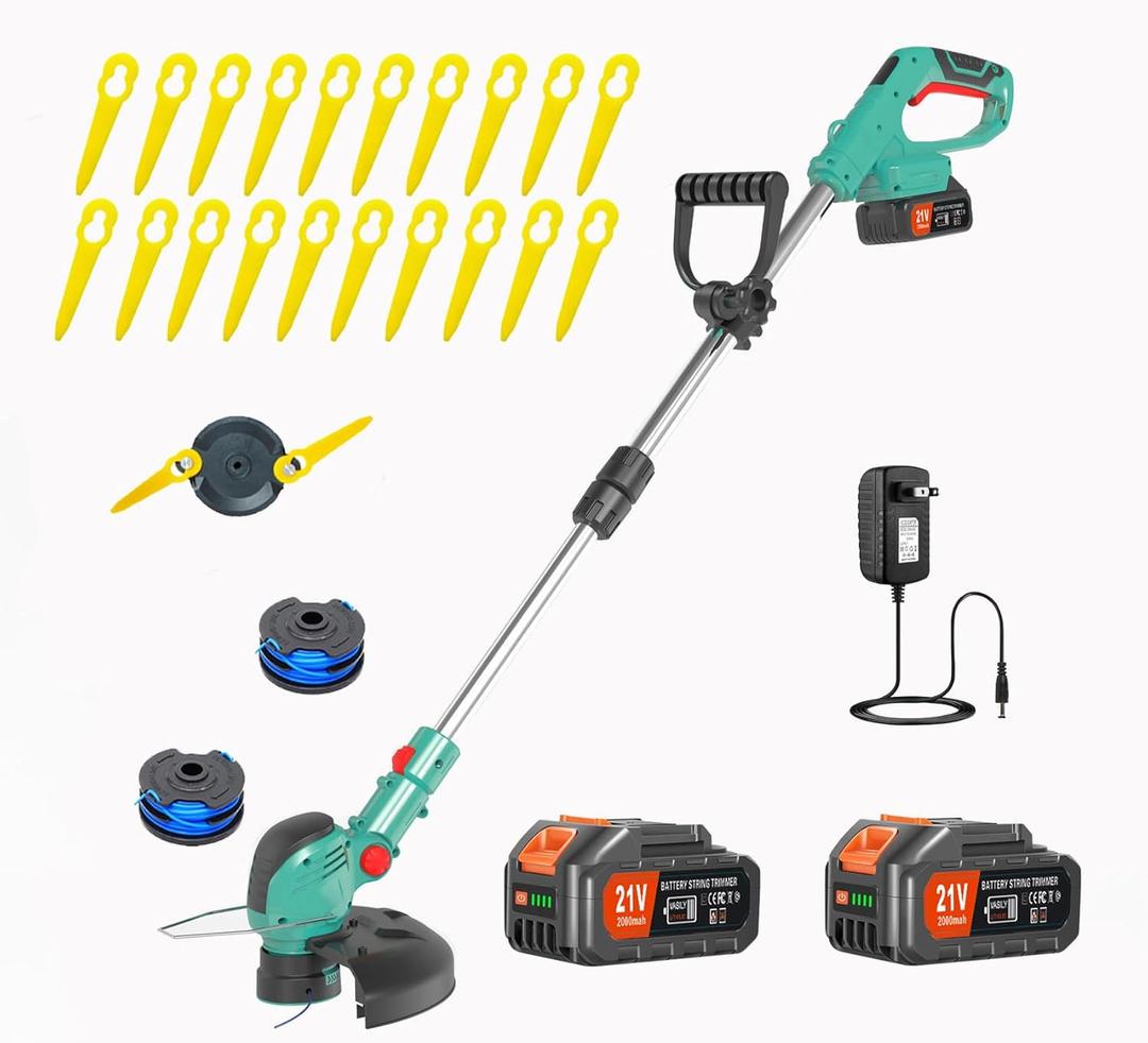 Electric Weed Wacker Cordless,21V Electric Weed Cordless Eater Battery Powered with 2 x 4.0Ah Batteries, 3-in-1 Grass Trimmer/Edger/Brush Cutter, String Trimmer for Garden Yard, Adjustable Shaft