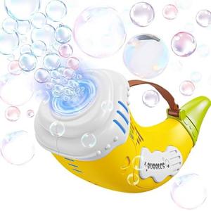 Bubble Machine for Kids 2 in 1 Automatic Bubbles Blower LED Horn Music Bubbles Gun Rechargeable Battery Bubble Toys Indoor Outdoor Birthday Parties Gifts for Toddlers Boys Girls Yellow 2Pcs