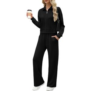 XIEERDUO Lounge Sets for Women 2025 Sweatsuit 2 Piece Outfits Sweatshirt Wide Leg Sweatpant Tracksuit Matching Set (Black, S)