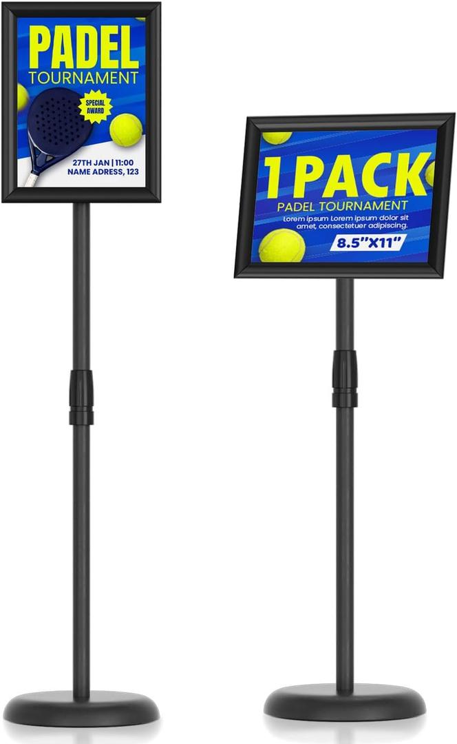 Sign Holder Floor Stand 8.5x 11, Sign Stands with Heavy Base for Display Outdoor, Adjustable Pedestal Poster Sign Stand, Snap Open Frame for Vertical & Horizontal View, Black Square