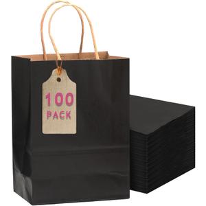qiqee 100-Packs Black Paper Gift Bags with Handles Bulk 7.6"x4.75"x10.5" Medium Size Gift Bags Multiple Uses