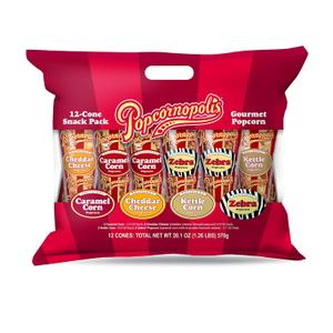 Popcornopolis Gourmet Popcorn Cone Variety Pack Zebra Popcorn, Cheddar Cheese Popcorn, Caramel Popcorn & Kettle Corn Popcorn, Great for Gifting & Sharing, (12-Count) (EXP 05/31/26)