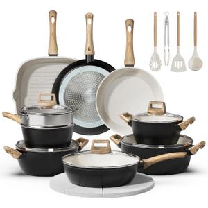 24 Pcs Pots and Pans Set Non Stick Ceramic Cookware Set with 3 Stockpots, White Interior Black Exterior, Healthy Non-Toxic, Large Capacity, Induction Compatible, PFAS/PTFE/PFOA Free