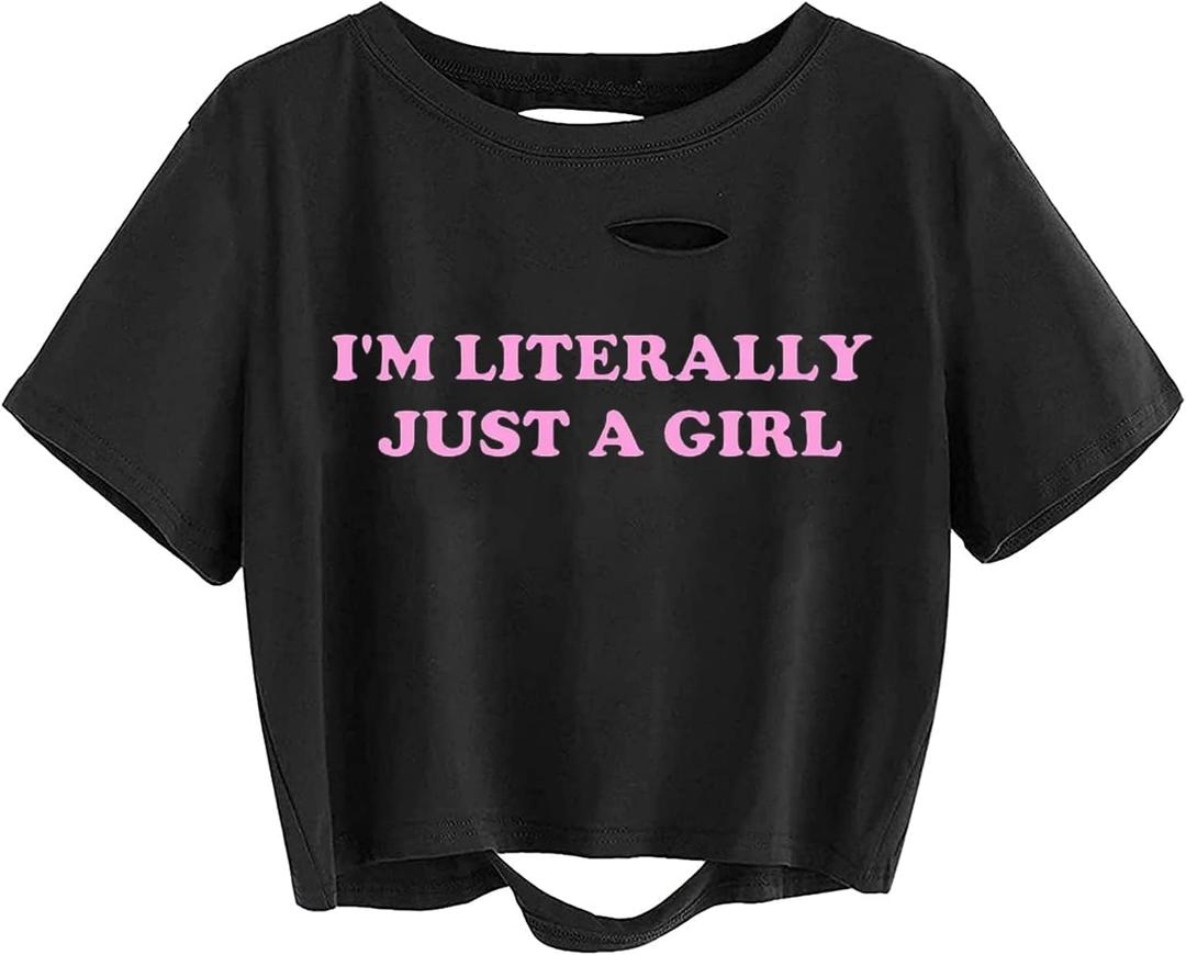 Avanova Women Los Angeles Graphic Distressed Oversized Crop Top Short Sleeve Ripped Boxy Loose Tee Shirt (Large, Black Girl)