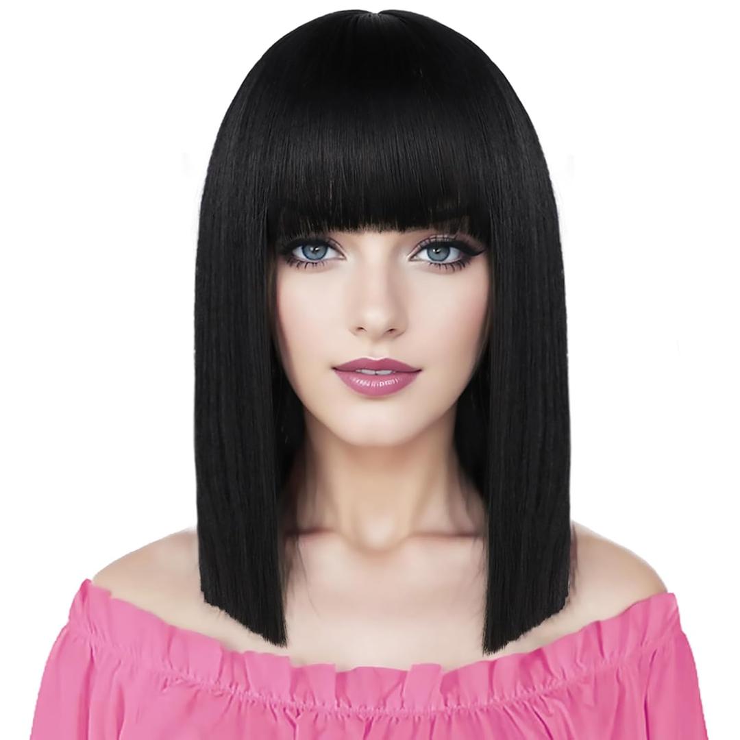 Black Straight Bob Wig with Bangs Short Black Bob Wigs for Women Shoulder Length Heat Resistant Synthetic Bangs Wig for Daily Party Use (14 inch) (1B)