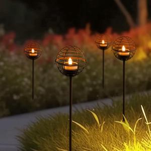Solar Pathway Lights Outdoor, Rust Iron Ball Candle Holder Stake with Flickering Solar Powered Tea Lights, Perfect Decorative Garden Lighting for Yard Lawn Patio Landscape Decor Outside-4Pack