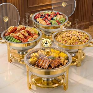 Chafing Dishes for Buffet,4 Pack 5QT Round Chafing Dishes for Buffet, Gold and Silver Stainless Steel Chafing Dishes with Glass Lid and Lid Holder,Food Warmers for Parties Buffet, Wedding, Birthday