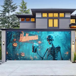 HOMETITUTE Halloween Garage Door Cover 13x6ft Scary Skeleton Night Scene Garage Decoration Outdoor Halloween Banner Spooky Pumpkin Backdrop for Haunted House Yard Trick or Treat Door Decor