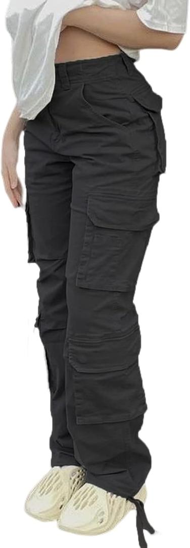 Viatabuna High Waisted Cargo Pants for Women Baggy Y2k Straight Wide Leg Pants with Pockets Streetwear (Medium)