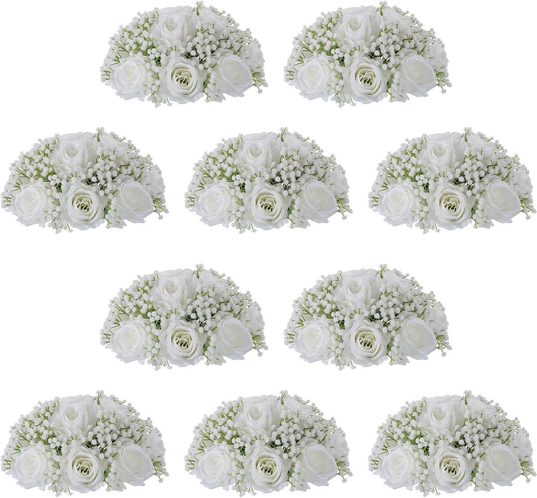 NUPTIO Babys Breath Artificial Flowers: 10 Pcs 9.4 inch Diameter White Rose Ball Fake Arrangement Bouquet for Wedding Centerpiece Event Party Tables Decorations