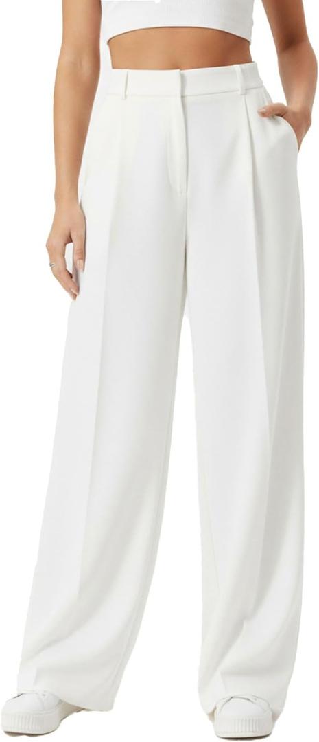 Women's Wide Leg High Waist Loose Palazzo Office Dress Pants with Pockets Work for Women Business Casual (XX-Large Short, White)