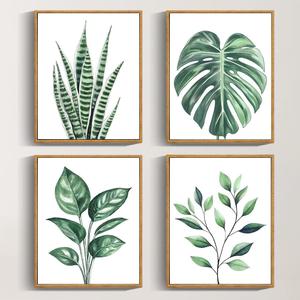 Drsoum Botanical Canvas Framed Wall Art Watercolor Green Leaf Tropical Plant Art Prints Boho Decor for Bedroom Bathroom Kitchen Home Office Decorations 8"x 10"x 4pcs