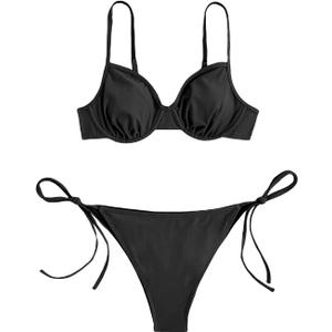 SOLY HUX Women's Bikini Sets Underwire Bathing Suits High Waisted Tie Side Two Piece Swimsuits (Large, Black Floral)