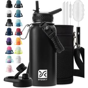 32 oz Insulated Water Bottle | Thickened Stainless Steel Vacuum Metal | Portable Sports Water Jug for Gym and Hiking with Straw, Carrier Bag, Handle Strap | BPA-Free 32 oz, Black