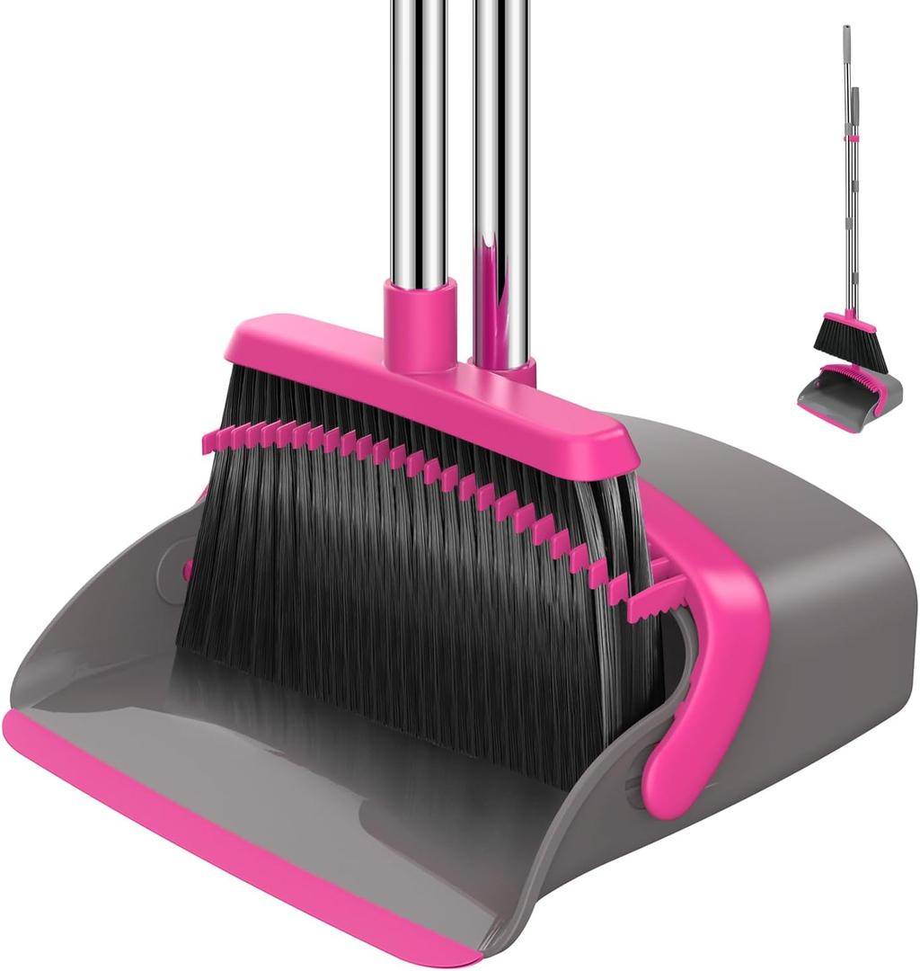 NACENA Broom and Dustpan Set, 52-in Long Adjustable Handle Broom Dustpan Combo with Dustpan Teeth to Automatically Clean Hair Suitable for Home Kitchen Office Hall FloorGrey&Rose