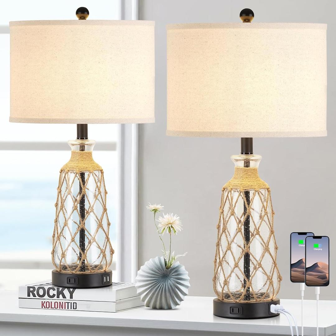 Ruzectt 25.5" Coastal Glass Table Lamps Set of 2, 3-Way Dimmable Touch Control Bedside Lamps with 2 USB Ports and AC Outlet, Clear Nautical Nightstand Lamp for Bedroom Living Room (LED Bulbs Included)