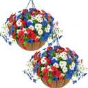 Hananona 2 Set Artificial Outdoor Flowers with Hanging Basket, 2 Hanging Planters with 24 Pcs Patriotic Flowers for Summer Front Porch Patio 4th of July Decor (Red, White, Blue)