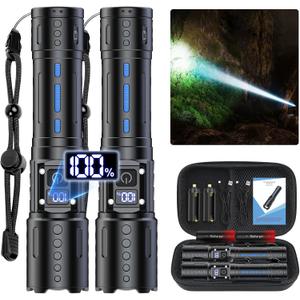 Flashlights High Lumens Rechargeable - Super Bright Tactical LED Flash Light, Dimmable&Memory Function Powerful Waterproof Flashlight for Camping,6 Modes,Zoomable,LCD Display (2, Black)