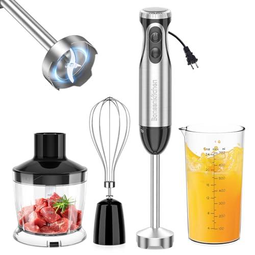 Bonsenkitchen Immersion Blender Handheld with Food Processor, 20 Speeds Hand Blender with Turbo Mode, Stainless Steel Blade, Egg Whisk, Beaker & Chopper Bowl, Hand Mixer for Smoothie, Soup, Baby Food, With 3 attachment