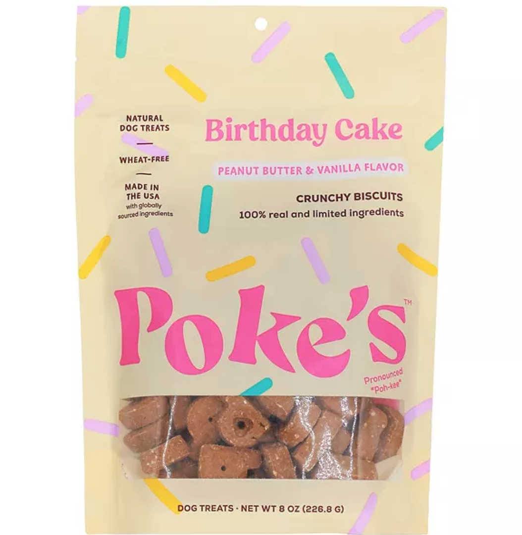 Poke's Natural Birthday Cake Crunchy Biscuits Peanut Butter & Vanilla Flavor Dog Treats, BBD: 04/29/2026