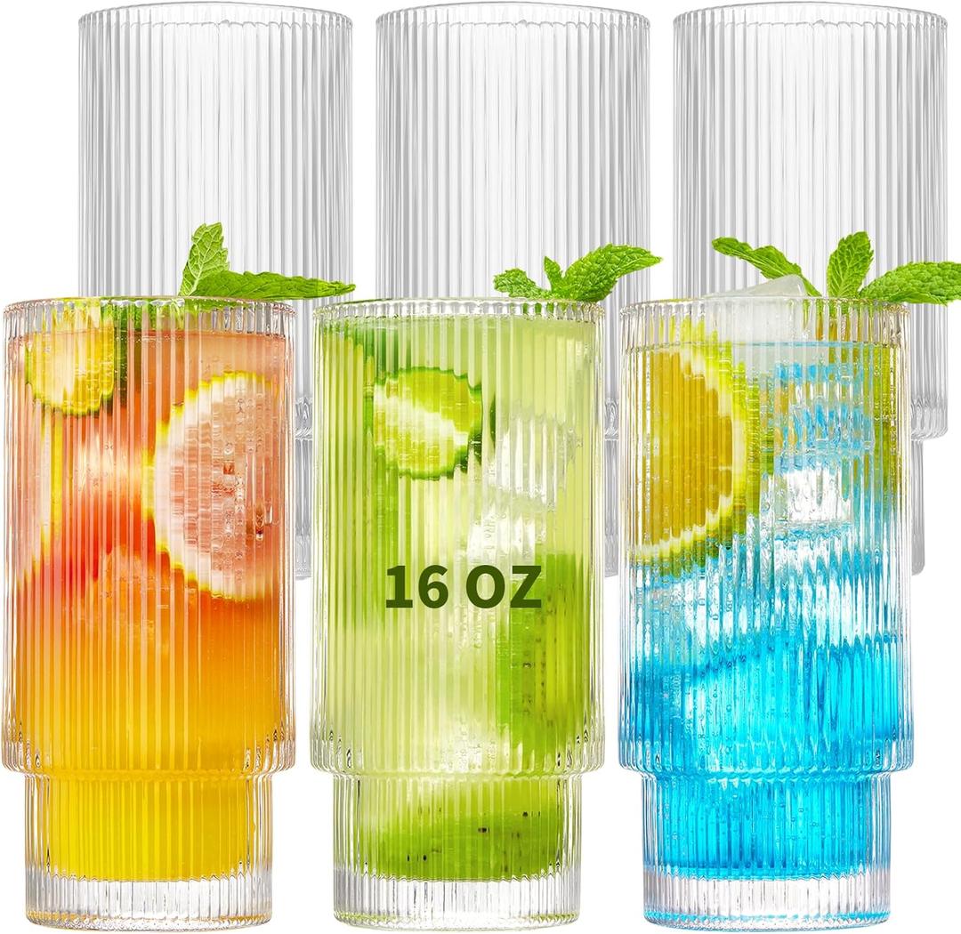 6 Pack Ribbed Drinking Glasses, 16 oz Vintage Glass Cups, Highball Glasses, Premium Iced Coffee Glasses, Clear Glass Tumbler, Cocktail Glasses, Elegant Glassware for Water Juice Whiskey Beer