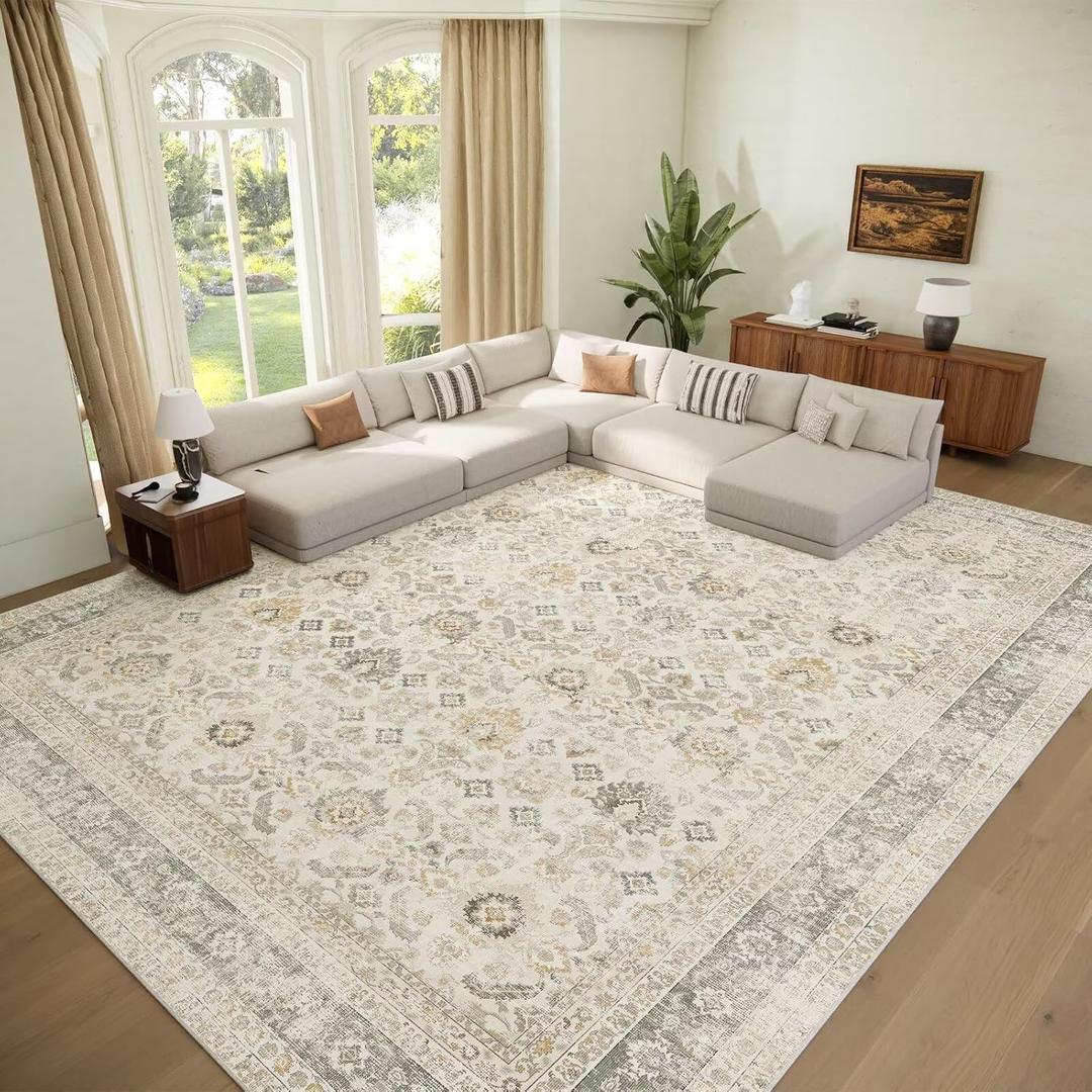 Washable 10x14 Area Rugs for Living Room, Boho Non-Slip Vintage Distress Large Rugs for Bedroom Dining Room Office, 0.3" Neutral Oriental Throw Thin Carpet, Grey/Beige/Multi, C2