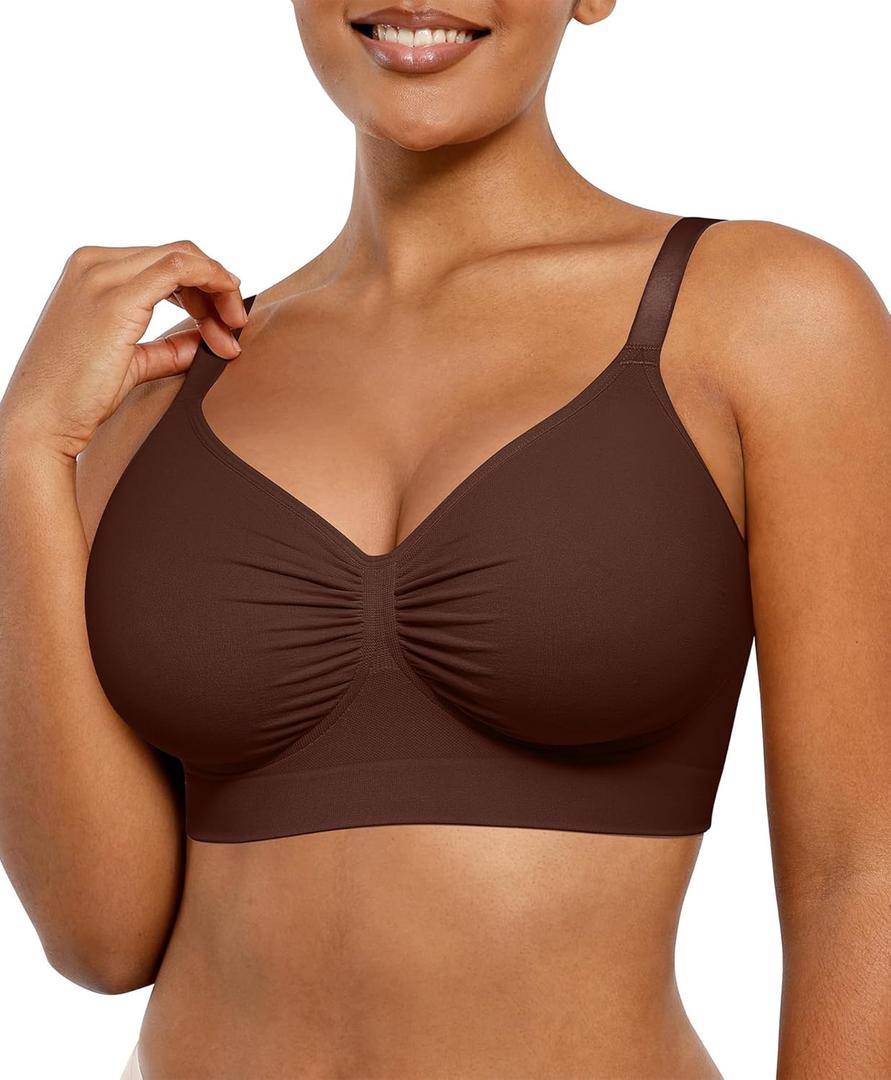 SHAPELLX Wireless Comfy Bra for Women Seamless Bra Non Padded Soft Bralette V Neck Everyday Bras with 4 Rows of Hooks (Medium, Brown)