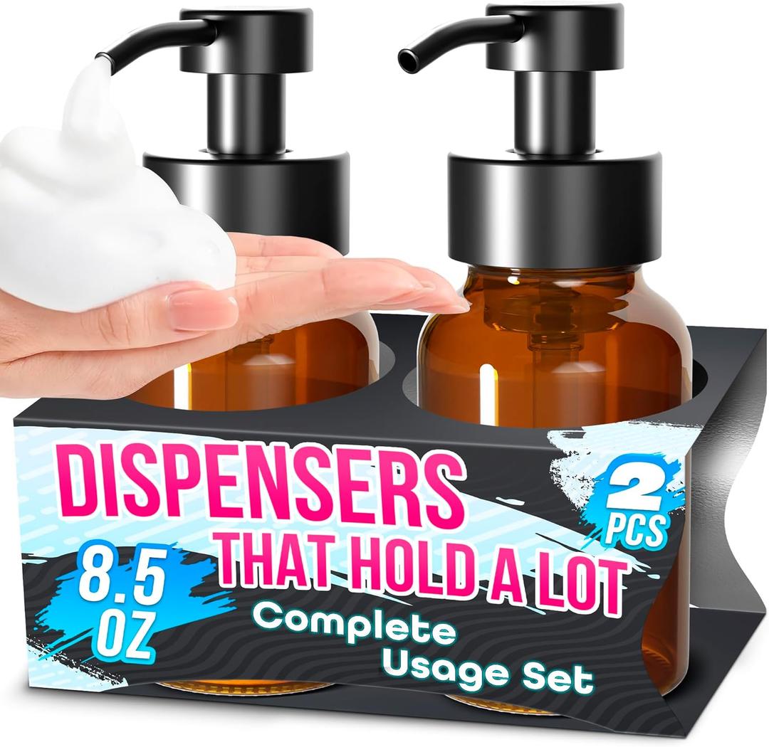 2 Pcs Amber Glass Soap Dispenser With Pump - 8.5Oz Hand and Foam Soap Dispenser Bottle (Black)