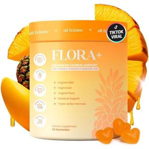 Flora+ Womens Vaginal Probiotic Gummies for pH Balance, Odor and Freshness Support with Prebiotics & Hyaluronic Acid, Sugar Free Pineapple, Vegan Non-GMO | 30 Gummies