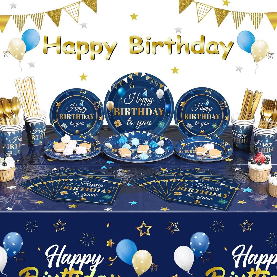Capoda Birthday Party Supplies Happy Birthday Tableware Set Confetti Starry Tablecloth Plates Cups Napkins Dinnerware for Kids Adults Party Supplies Decor(Navy Blue and Gold)