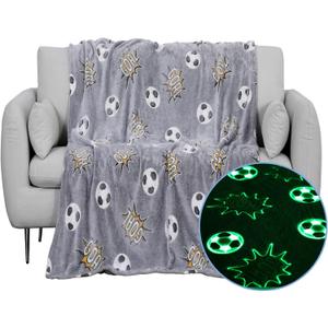 Soccer Glow in The Dark Blanket Sports Gifts for Kids Boys Teen Girls Christmas Birthday Easter Gift Fun Magical Decor Soft Plush Flannel Furry Fluffy Nap Sleep Throw Blanket Grey 60"x80"