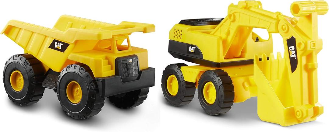 CAT Construction Toys CAT Construction Tough Rigs 15" Dump Truck & Excavator Set Toys 2 Pack Ages 3+ | Kid Powered Caterpillar Vehicle Set | Indoor or Ourdor Play | No Batteries Required, Yellwo