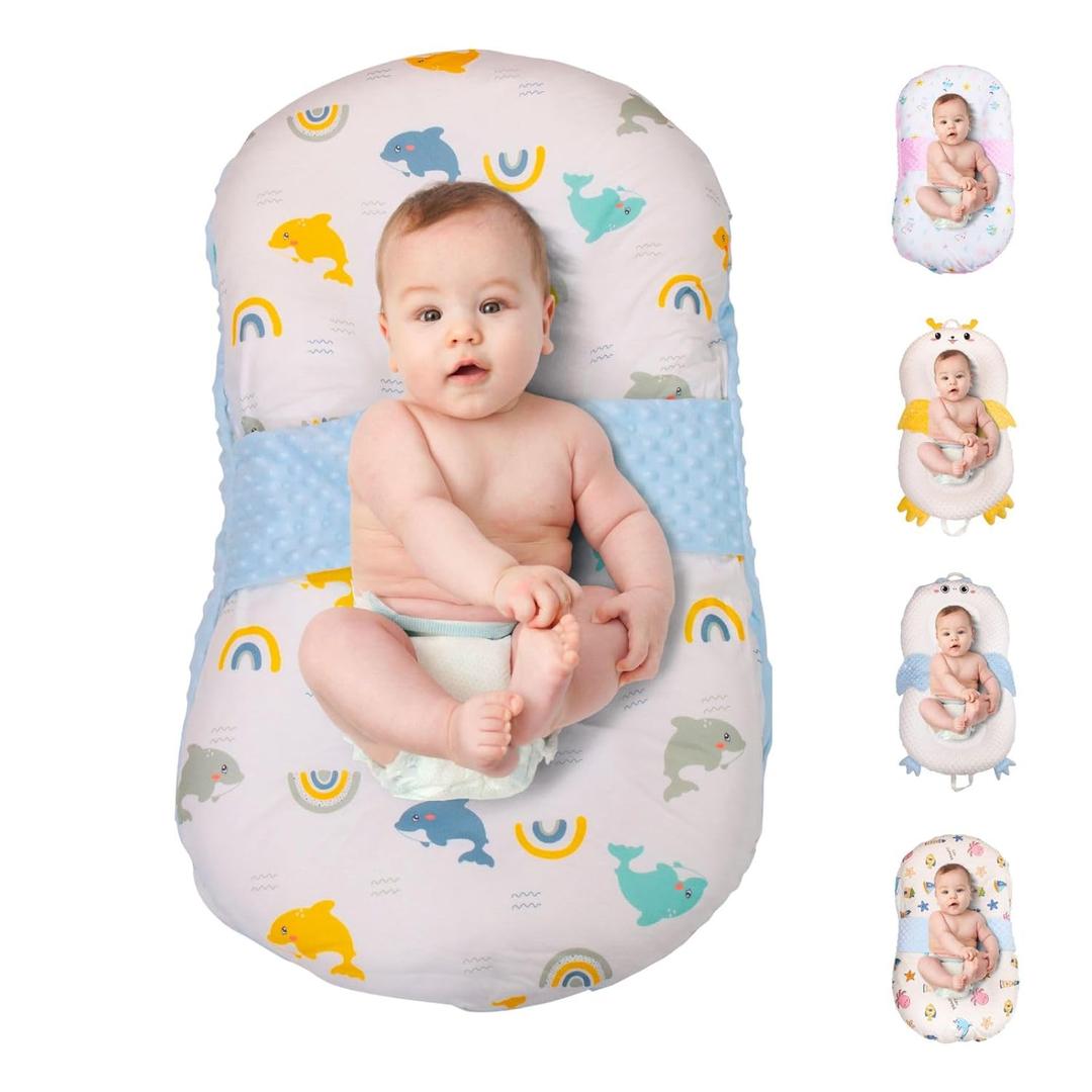 Baby Lounger for Newborn & Infant – Penguin Cozy | Quilted-Padding Center, Adjustable Safety Strap, 100% Cotton Cover, Washable Portable Infant Support Cushion by Sprinta