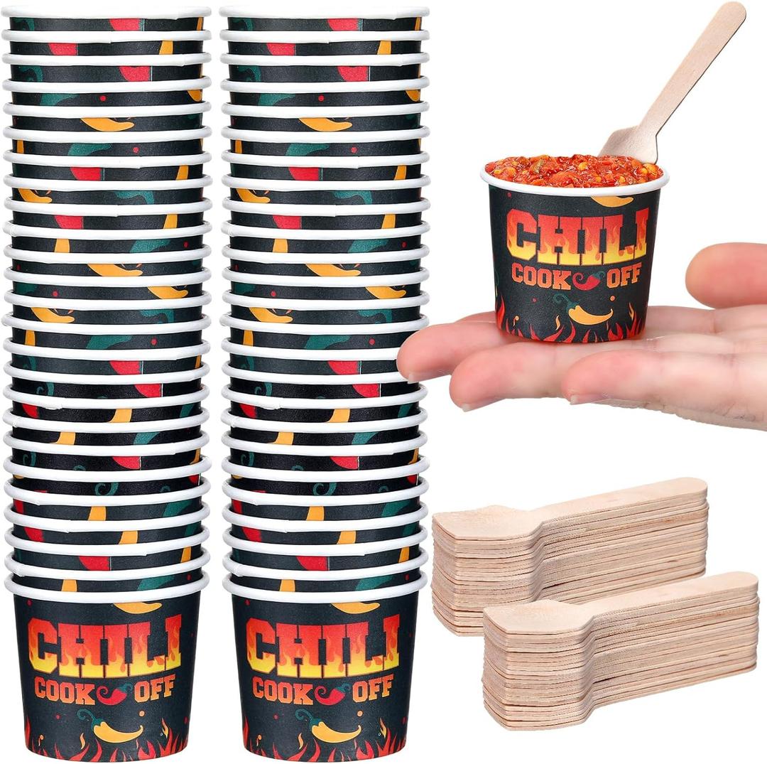 100 Pcs Chili Cook off Party Decorations, 50 Pcs 2 oz Mini Chili Cook off Tasting Cups Disposable Sample Paper Cups and 50 Wooden Spoons for Competition Prizes Party Cooking Supplies(Black)