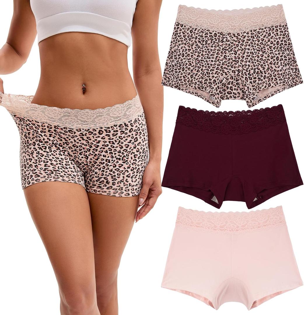 INNERSY Women's Lace Underwear Cotton Soft Boyshorts Panties Boxer Briefs 3-Pack (Medium, Leopard/Light Pink/Red)