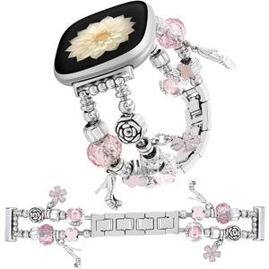 Gold Watch Bands Compatible with Fitbit Versa 4 /Versa 3/Fitbit Sense 2/Sense Bands Women, Unique Charms Chain Strap Pandora Bracelet Wristband for Versa 4 3 Sense 2 Smartwatch (Pink Flower+Silver)