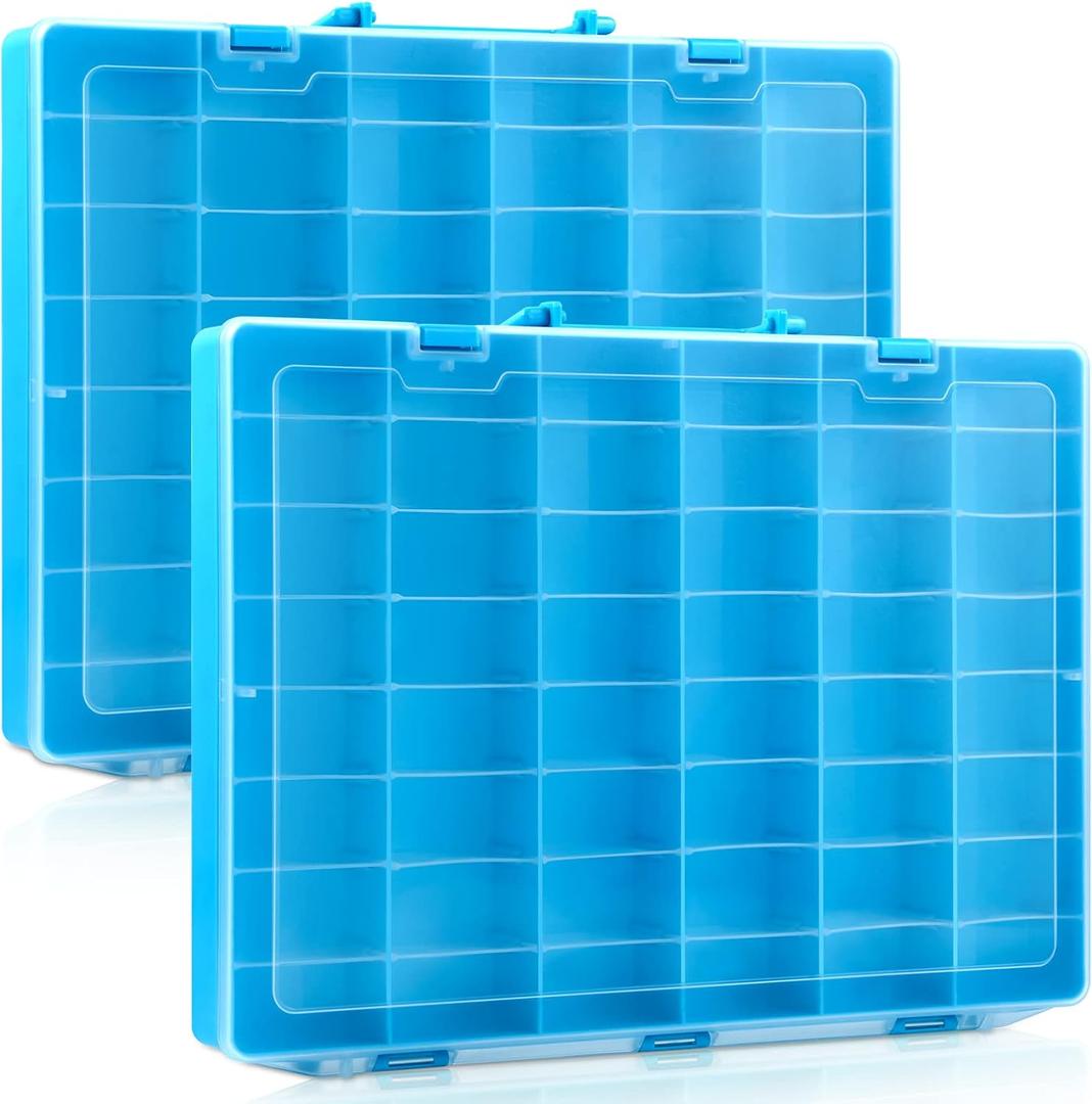 Juexica 2 Pcs Large 48 Grids Plastic Storage Bead Organizer Box, Tackle Box, Compartment Organizer Container with Adjustable Dividers for Jewelry Art Crafts Toys Screw Small Parts (Blue)