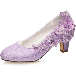 Emily Bridal Wedding Shoes Women's Silk Like Satin Chunky Heel Pumps with Stitching Lace Flower Crystal Pearl (7.5, Light Purple)