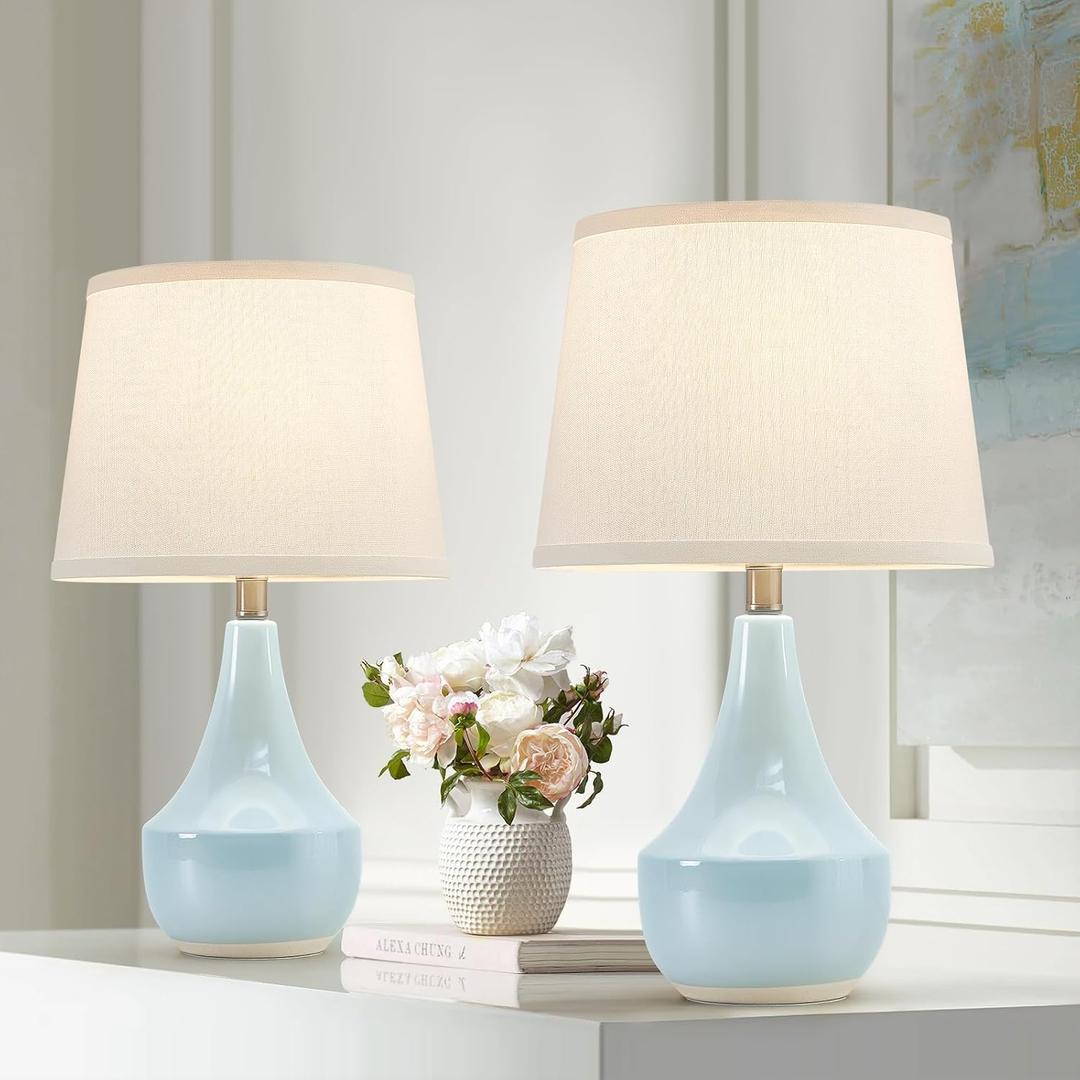 GyroVu 18" Table Lamp Set of 2, Ceramic Lamp Classic Beside Lamps Nightstand Lamp Modern Cute Lamp for Living Room, Bedroom & Office Rocker Swtich Sky Blue-LED Bulbs Included