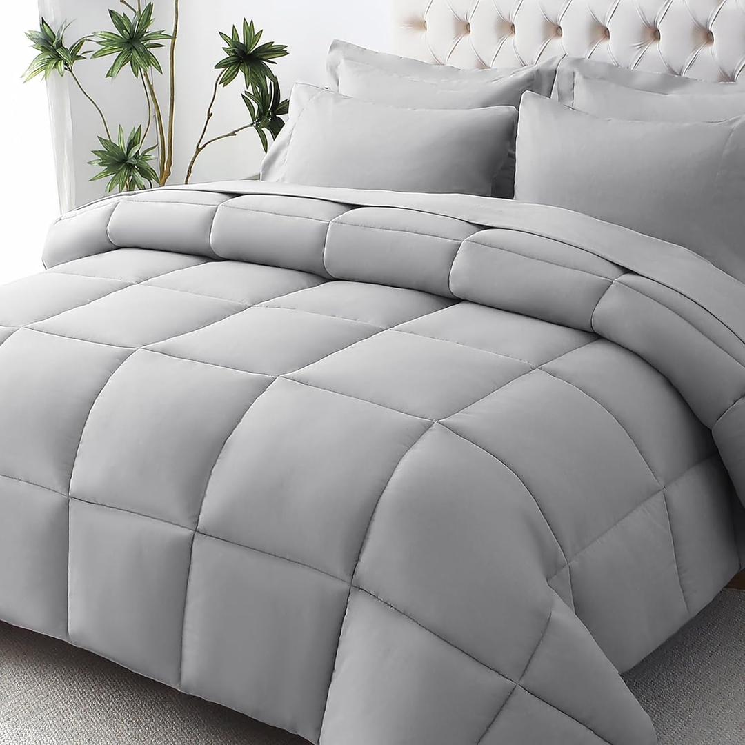 JOLLYVOGUE Full Comforter Set, Ultra-Soft Bed in a Bag Full Size 7 Pieces, Oeko-TEX Certified Bedding Set with Down Alternative Comforter, Sheets, Pillowcases & Shams, Light Grey (FULL(86"*82"))