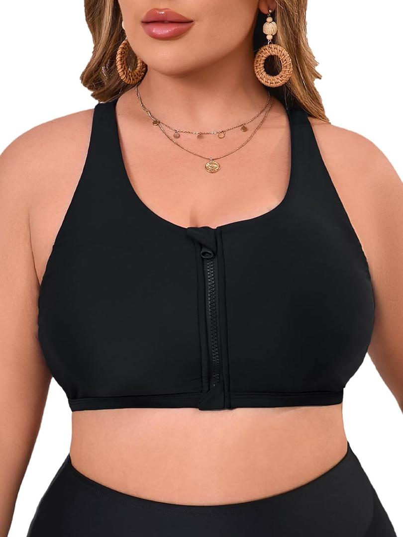 Women's Sports Bra Bikini Top for Large Bust Racerback Swim Bras Zipper in Front Bathing Suit Top Swimsuit Tops Only (Medium, Black)