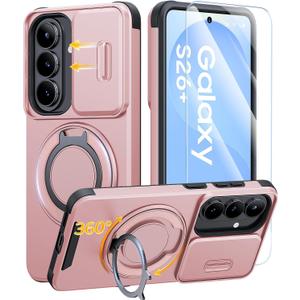 JAME for Samsung Galaxy S26+ Plus Case, Ring Holder Stand Kickstand, Slide Camera Cover with Screen Protector, Dual-Layer Shockproof Protective, Magnetic Accessory Friendly S26 Plus Phone Case, Pink