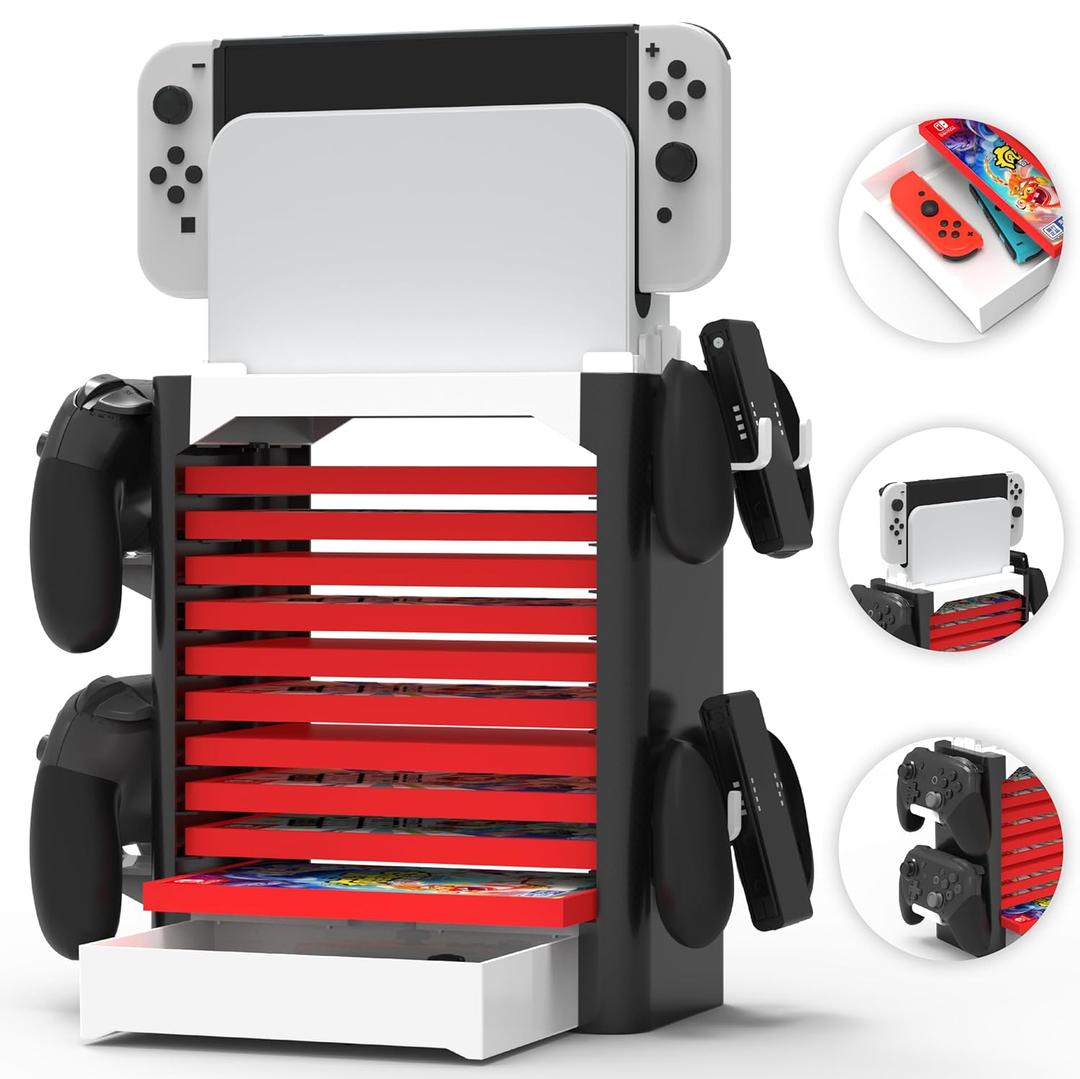 Skywin NS Compatible Nintendo Switch Games Holder, Nintendo Switch Stand, Game Disk Rack, Controller Organizer, Switch Holder Stand for Gamers, Nintendo Switch Accessories (White) (1 Pack)