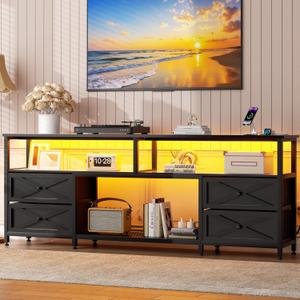 JUSTOGO TV Stand with Fabric Drawers for 65 70 75 Inches TV - Entertainment Center with Open Storage Shelf, Power Outlets & LED Lights for Living Room, Bedroom, 63" TV Console Media Console, Black
