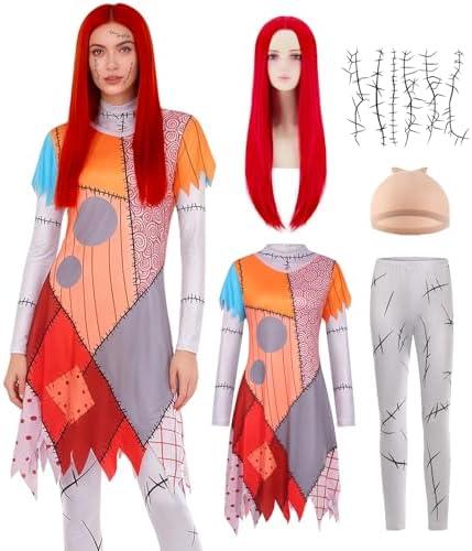 Women Christmas Nightmare Costume Adult Halloween Costumes Long Sleeve Dress with Patch Movie Character Cosplay Outfit L