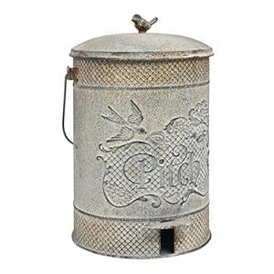 Farmhouse Garbage Can with Lid Indoor Outdoor Trash Can with Embossed Bird and Flowers PatternMetal Retro Kitchen Trash Can with Lid for Kitchen Room and Garden Decor