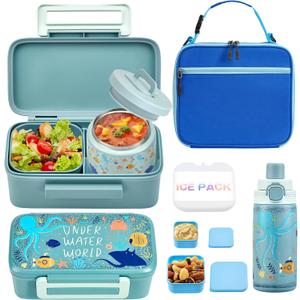 MAISON HUIS Bento Box for Kids with 8oz Soup Thermo, Insulated Lunch Bag & 17oz Water Bottle, 2-Compartment Bento Box with Built-In Ice Pack, Leak-Proof & BPA-Free (Octopus)