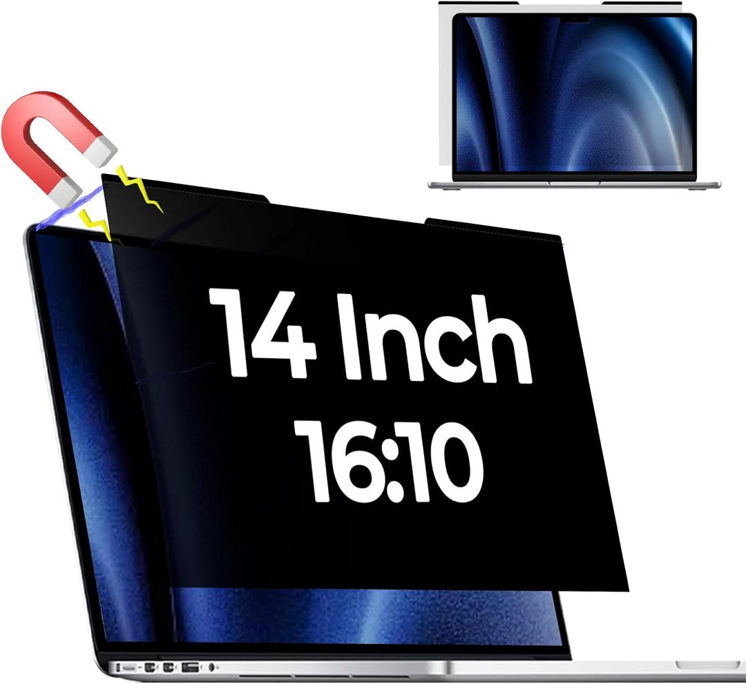 Magnetic Laptop Privacy Screen for 14 Inch 16:10, That Screen Size is 11.87 in Wide and 7.42 in High.Removable Laptop Computer Screen Privacy Shield Anti Glare And Blue Light with Lenovo Hp Dell Acer Asus Thinkpad Envy