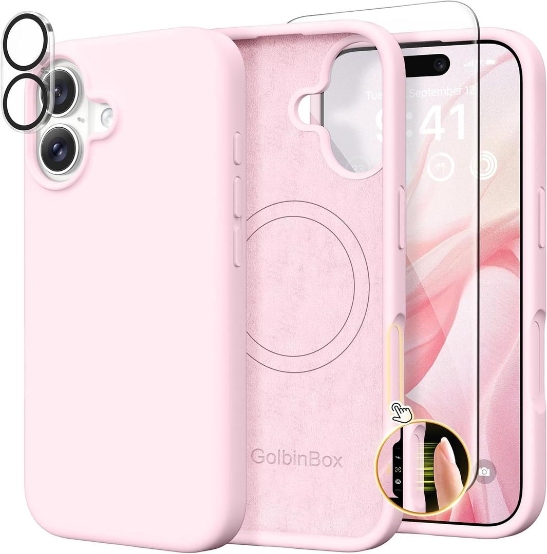 GolbinBox Magnetic for iPhone 17 Case, Compatible with MagSafe, Screen Protector + Camera Lens Protector, Liquid Silicone Shockproof Phone Cover with Anti-Scratch Microfiber Lining, Chalk Pink