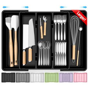 Large Silverware Organizer, Expandable Utensil Drawer Organizer for Kitchen Drawers, Kitchen Drawer Organizer for Spoons/Forks/Knives, Multipurpose & BPA Free Cutlery Tray, Black, 1 Pack